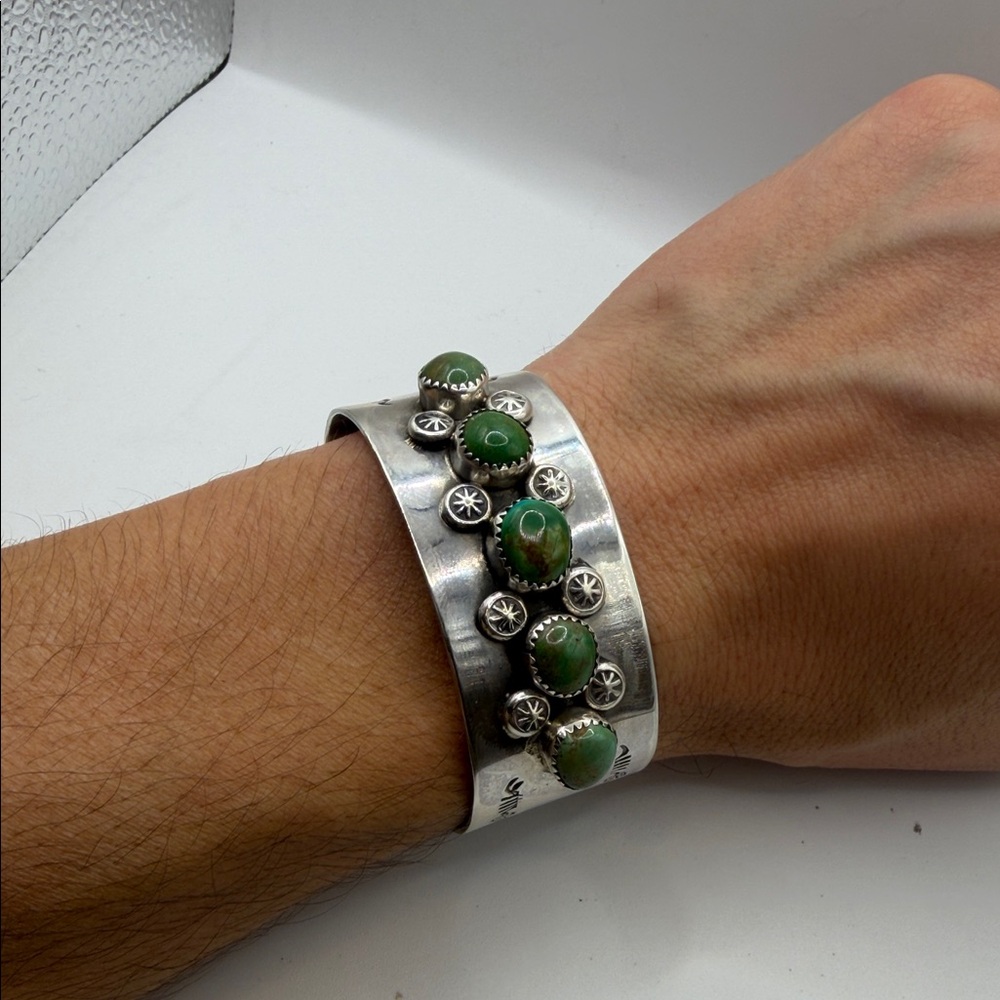 Sterling Silver Cuff Bracelet with Green Stone Accents